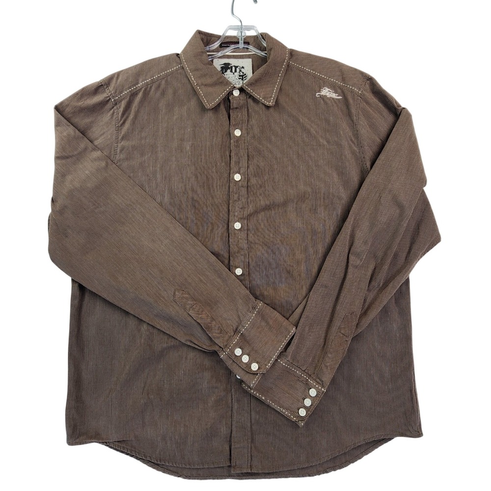 Fox Racing XL Brown Pinstripe Button Down Shirt Skater Moto Y2K Streetwear